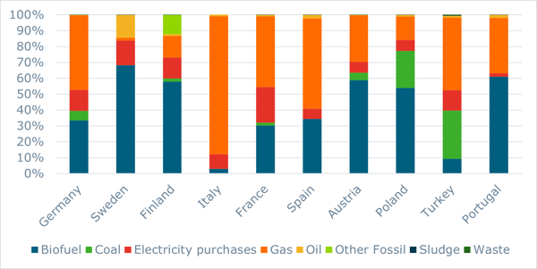 Bar graph illustrating the top 10 energy users in Europe and their share of energy by source.