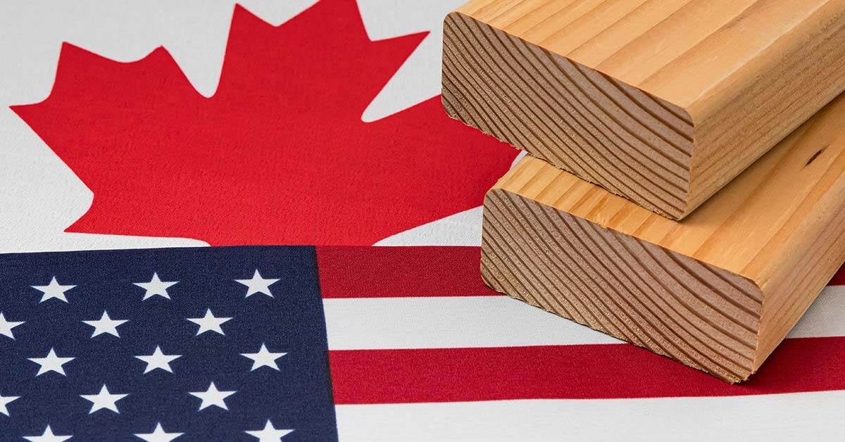 Softwood construction lumber on flag of Canada and United States of America