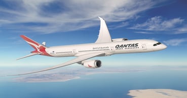 Image shows a Quantas airliner - Boeing 787 jet liners meet sustainability touchpoints using composite materials