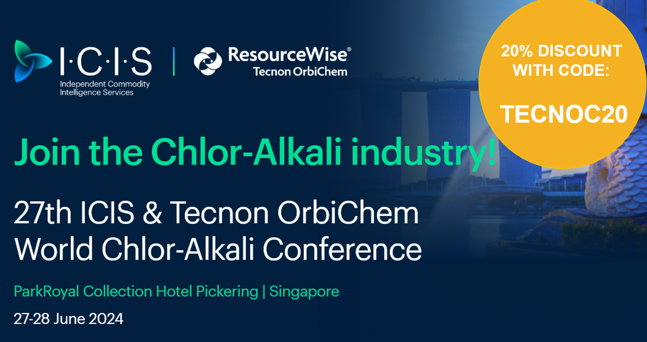 a Singapore street scene with words advertising a chlor-alkali-focused event to be held in the country in June 2024.