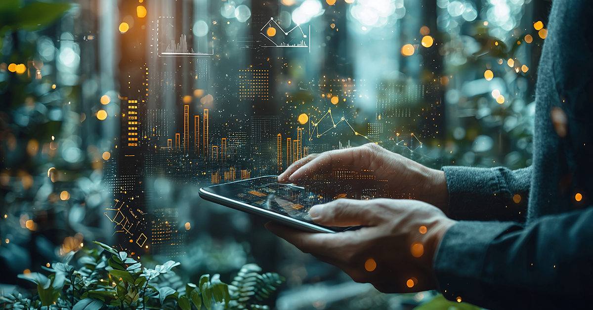 Person using tablet, data overlay, forest background