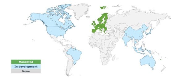 Global map with shaded areas depicting where global SAF mandates are located.