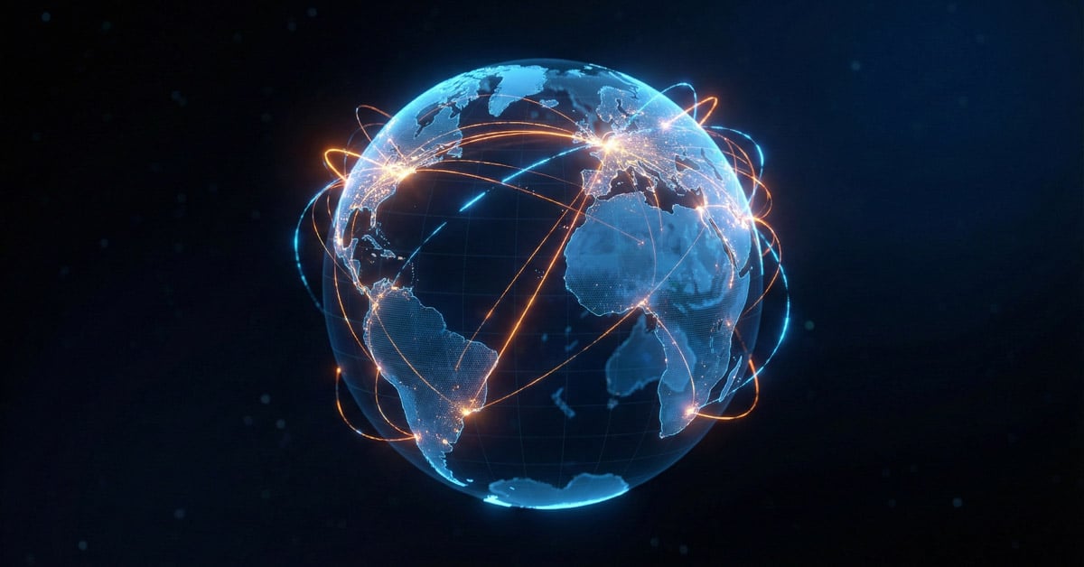 The earth with lines drawn around different destinations indicating global trade flow.