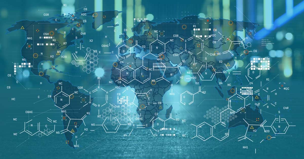 A global map with chemical symbols laid out on top, signifying the global chemicals market.