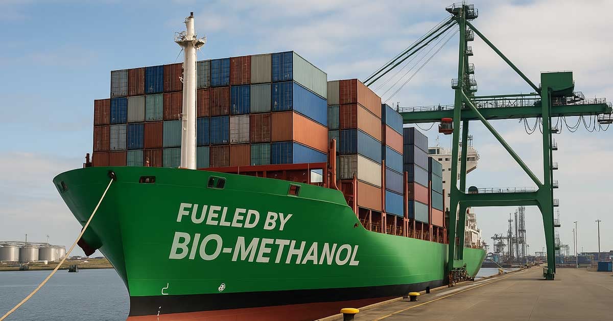 A commercial shipping vessel loaded with cargo with the words 