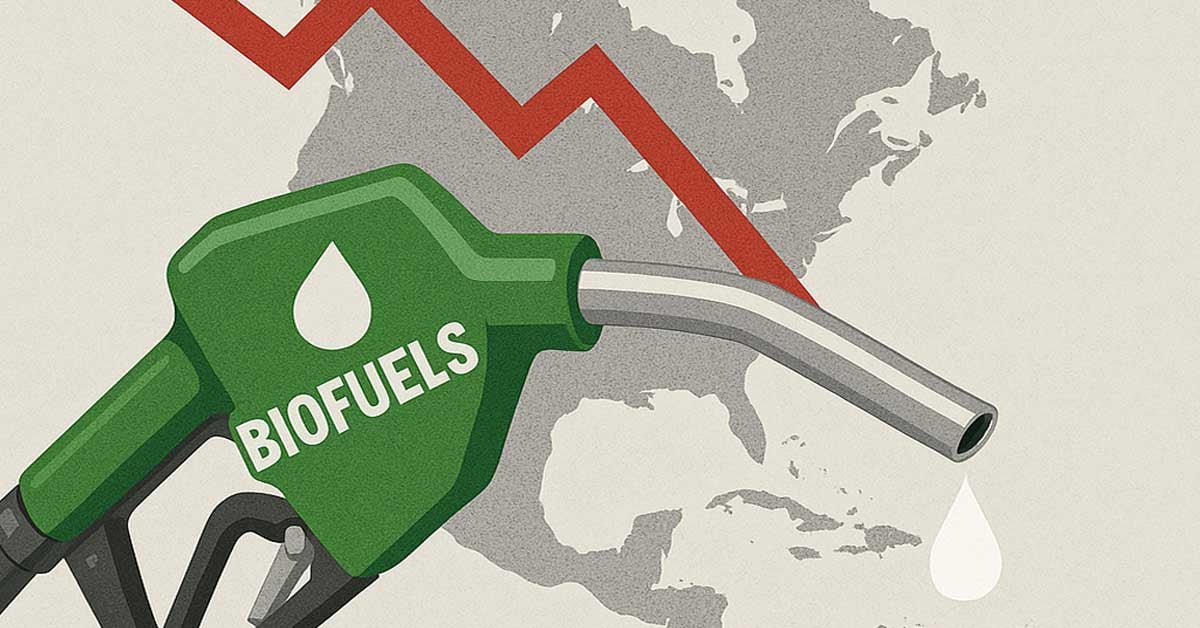 A biofuel pump and down-trending graph line across North America, indicating market downturn.