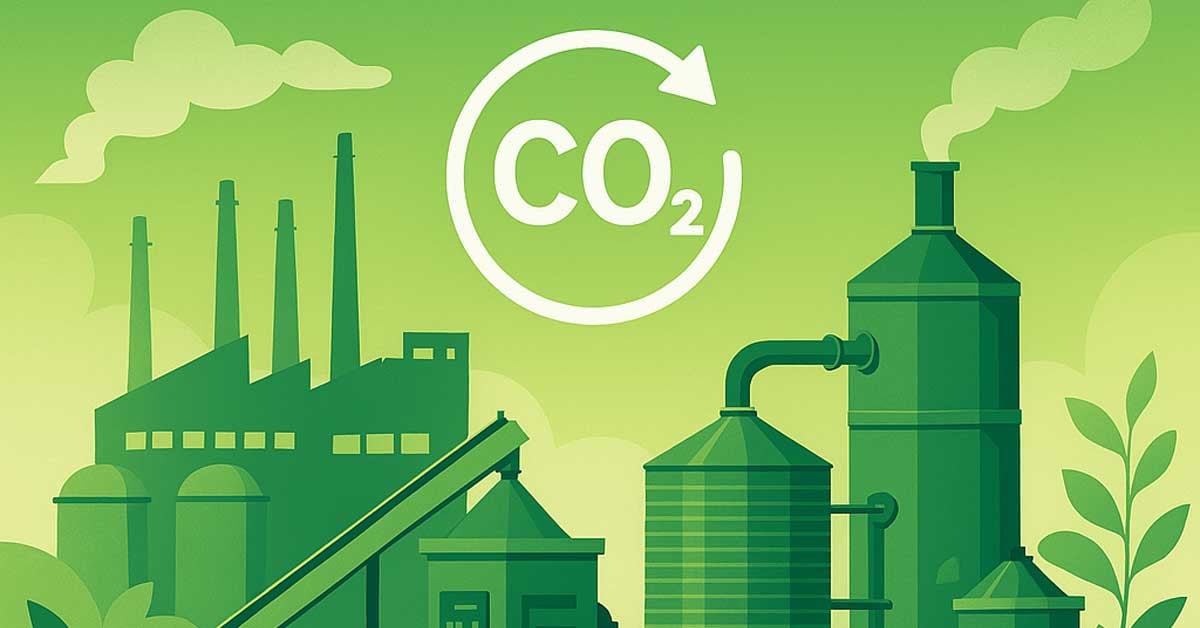 A pulp and paper facility with a circular CO2 sign, indicating the use of CDR to reduce emissions.