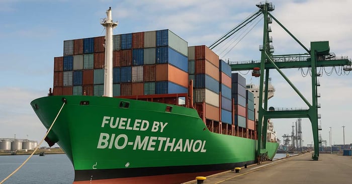 A commercial shipping vessel loaded with cargo with the words "Fueled by Bio-Methanol" on its side.