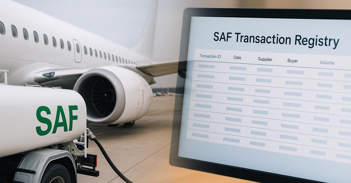An airplane being fueled with SAF juxtaposed with a computer screen displaying 