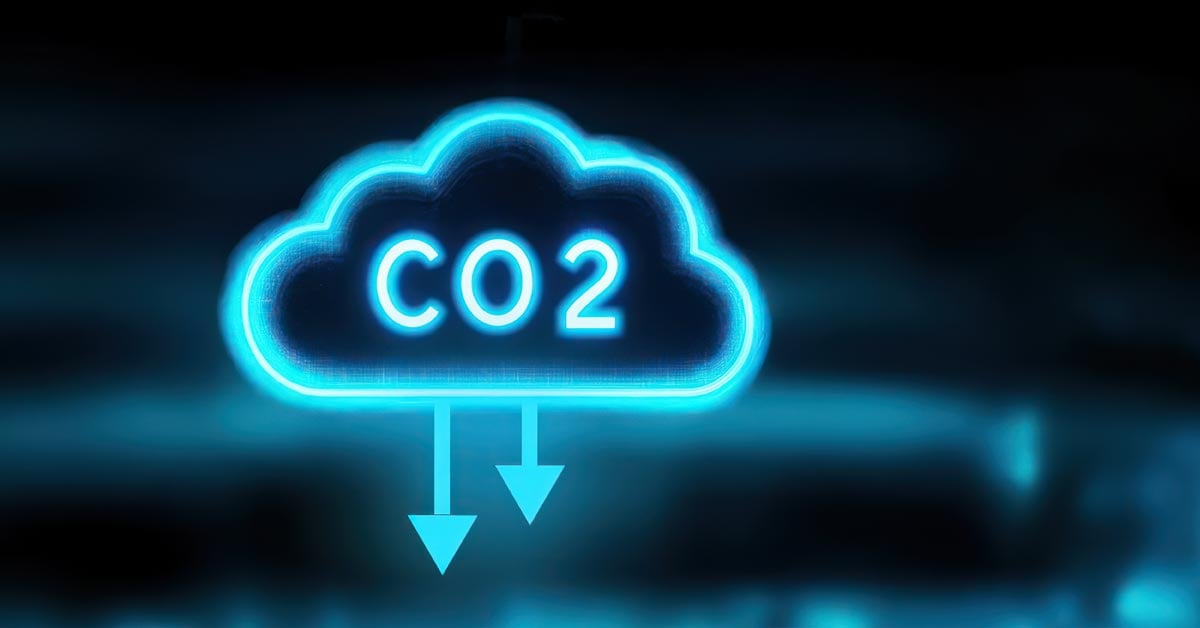 A glowing cloud with CO2 pointing down, indicating the reduction of carbon dioxide.
