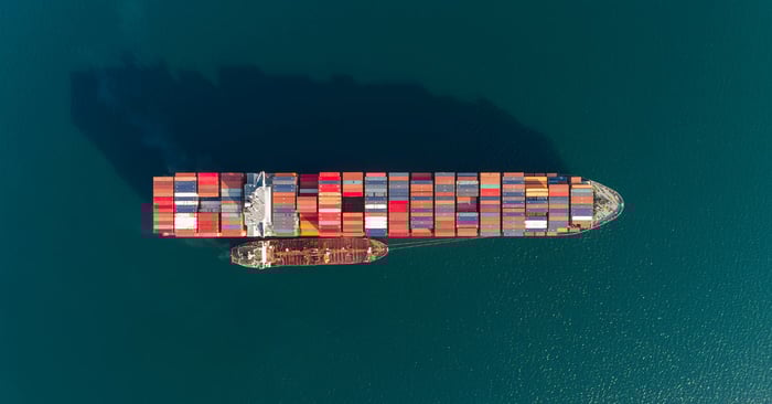 A large shipping vessel and small fueling vessel for bio-bunkering.