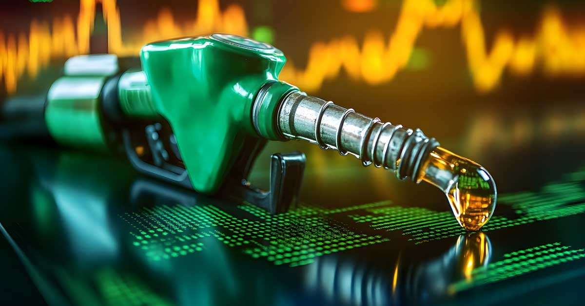 Biofuel pump resting on top of market monitoring graphics and charts, with a line chart on the wall in the background.