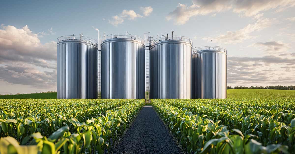 Crops spread out in front of a large bio-refining facility, highlighting the food vs fuel debate.