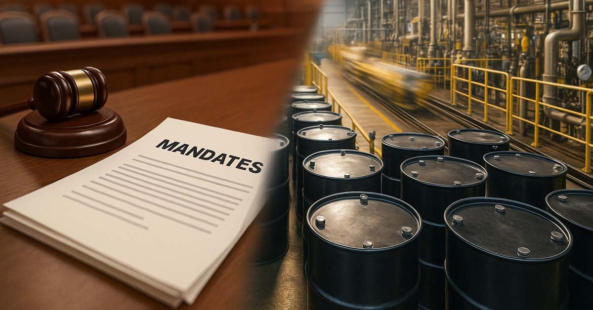 A list of biofuel mandates on the left, and an image of an interior biofuels production facility on the right.
