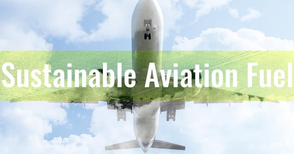 An airplane flying overhead in a blue sky with white clouds with the words Sustainable Aviation Fuel across the image.