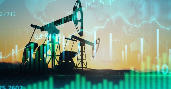 Oil drilling rigs with statistics and line charts overlaid.