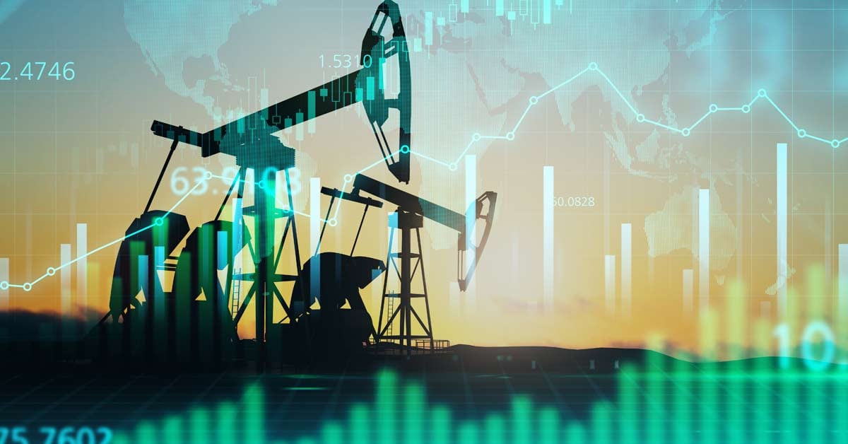 Oil drilling rigs with statistics and line charts overlaid.