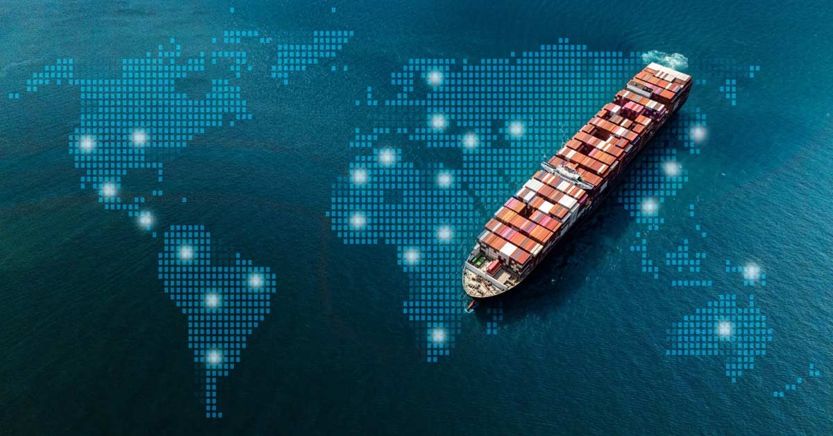 A commercial shipping vessel juxtaposed with a global map.