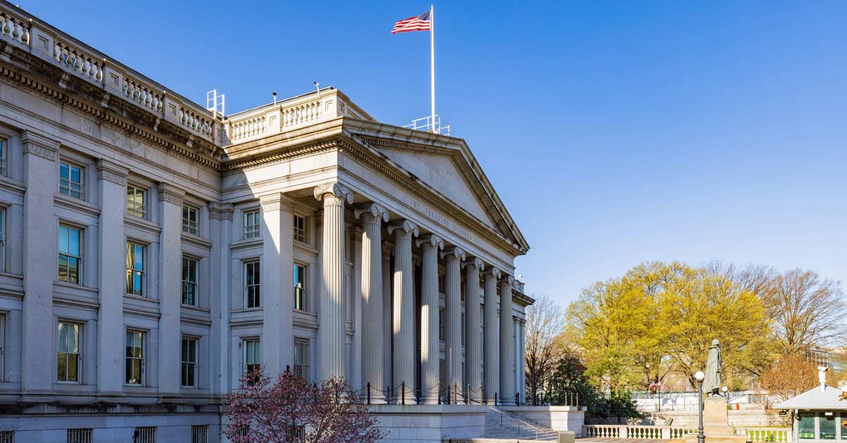 Exterior shot of the Office of the US Treasury.