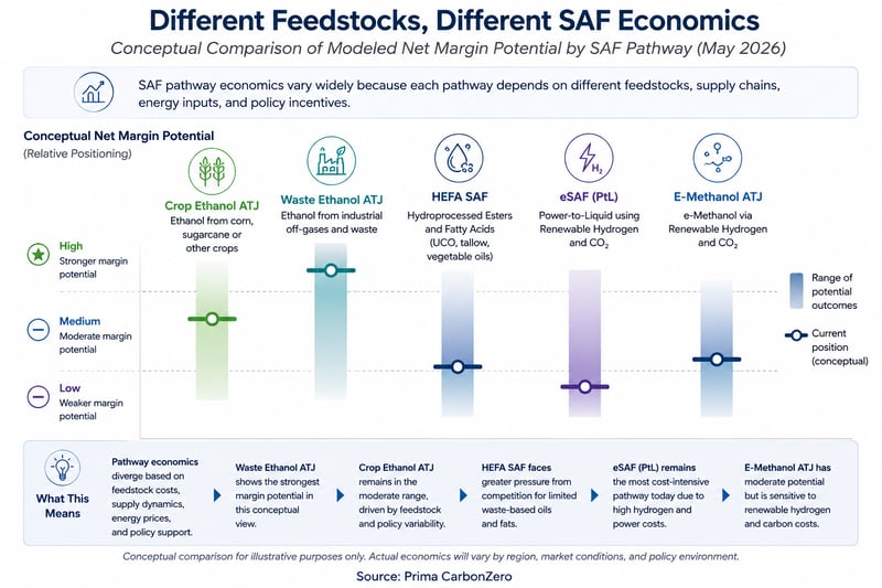 Conceptual chart, Different Feedstocks, Different SAF Economics.