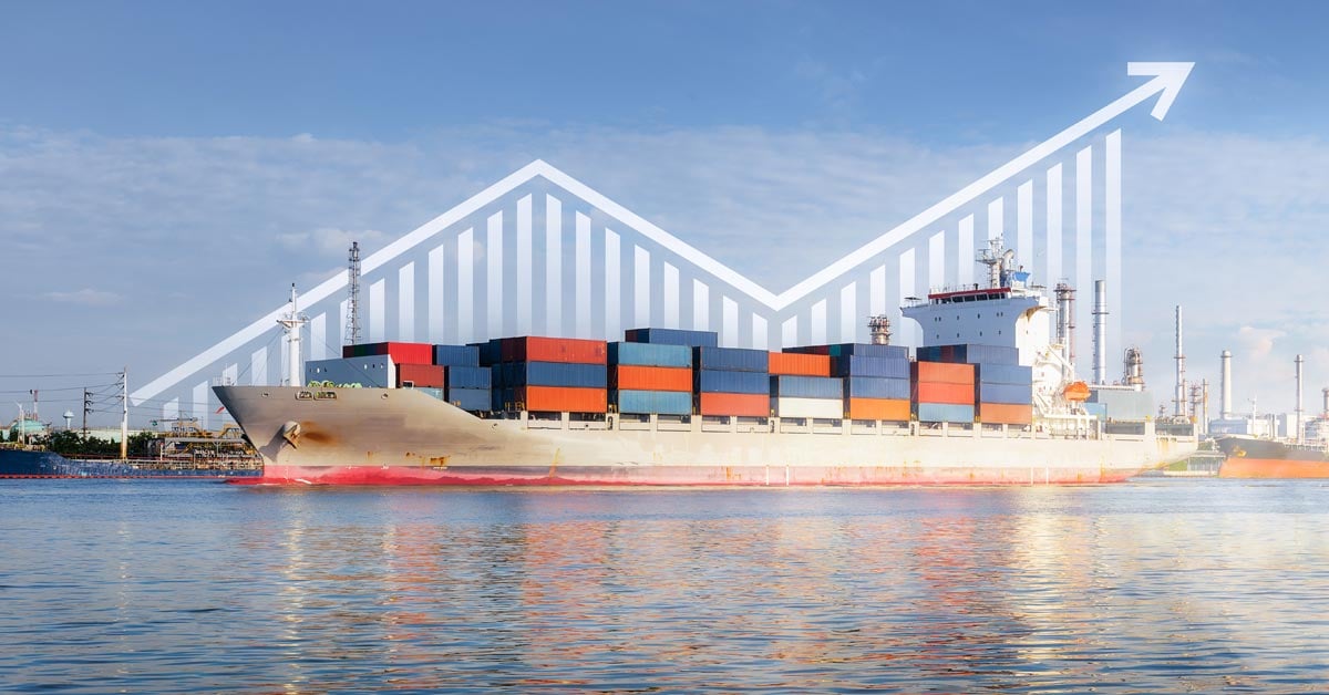 A commercial vessel filled with shipping crates against an upward trending line chart indicating market growth.