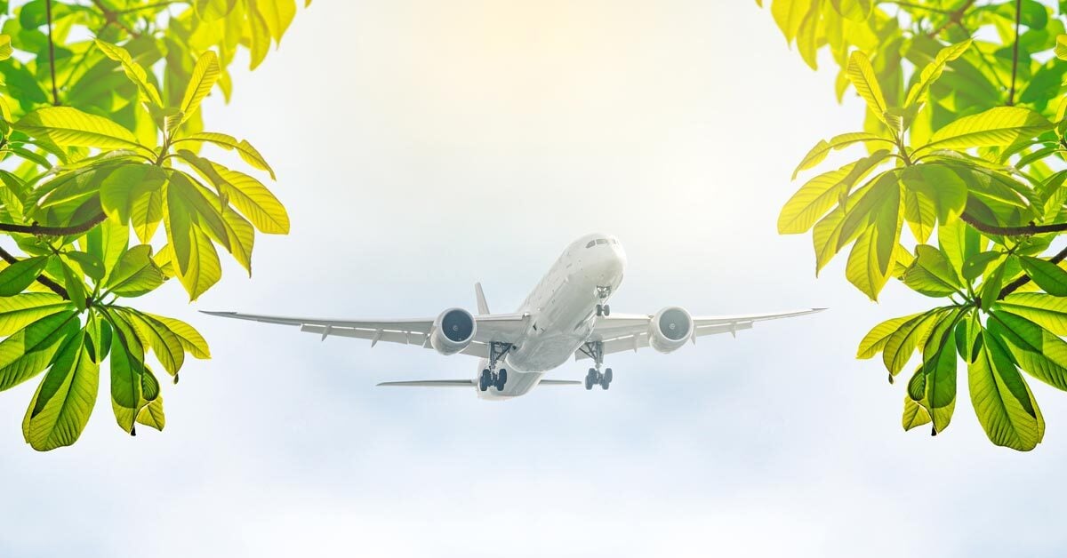 An airplane flying in the sky with a view from the ground and leaves surrounding the view.