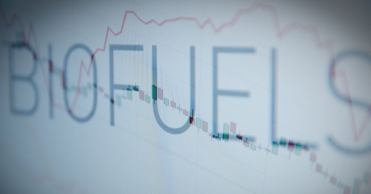 The word biofuels with a line chart denoting market movements.