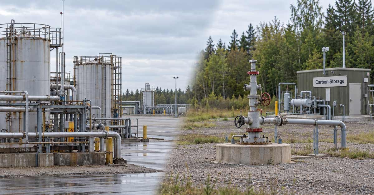Dual image of an e-fuel refinery and a carbon storage facility.
