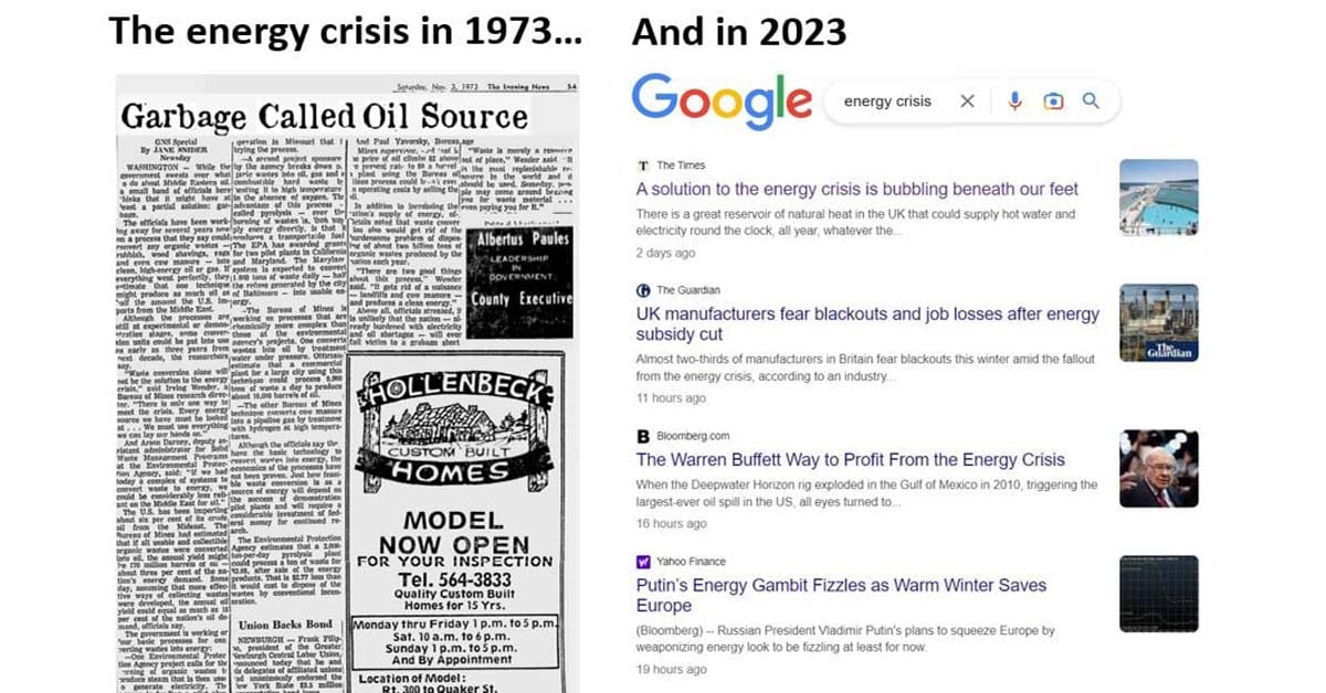 An old newspaper article and a 2023 Google search show energy crises happening 50 years apart.