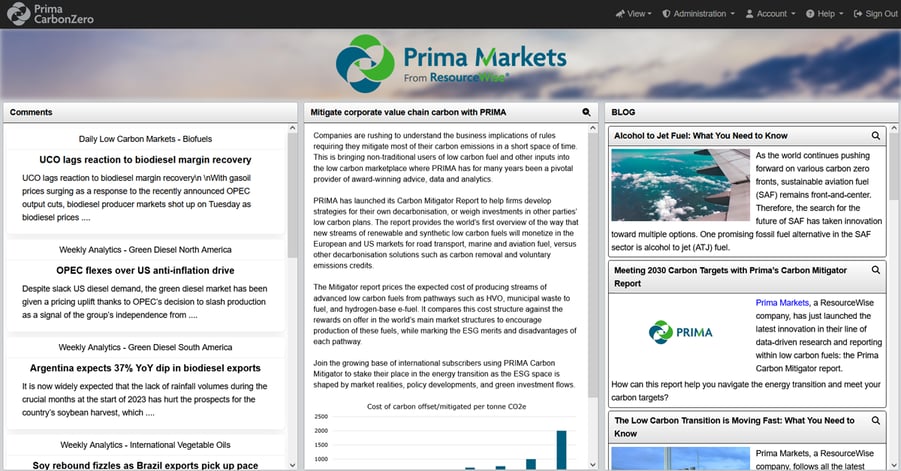 Prima CarbonZero platform home screen with commentary, insights, and an overview of recent low carbon blog posts.