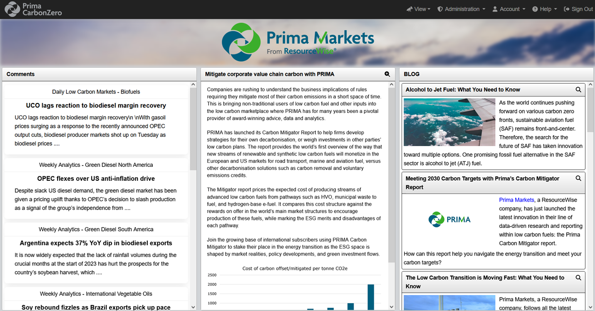 Prima CarbonZero platform home screen with commentary, insights, and an overview of recent low carbon blog posts.