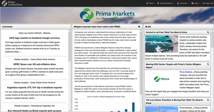 Prima CarbonZero platform home screen with commentary, insights, and an overview of recent low carbon blog posts.