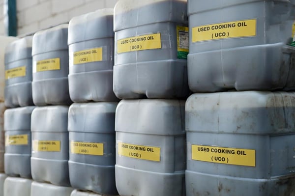 Several plastic tubs of used cooking oil (UCO), a biofuel feedstock.