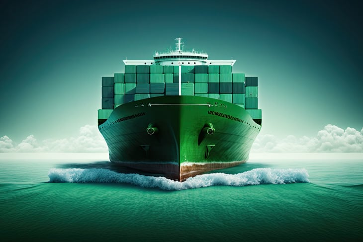 Green cargo ship with green boxes signifying a transition to renewable fuels.