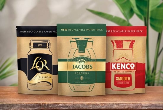 Three examples of JDE Peet's sustainable packaging for its coffee brand.
