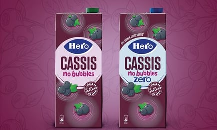 Hero's new carton packs for Cassis blackcurrent juices, made in partnership with SIG.