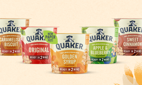 Front view of Quaker's new paper-based oats pots.
