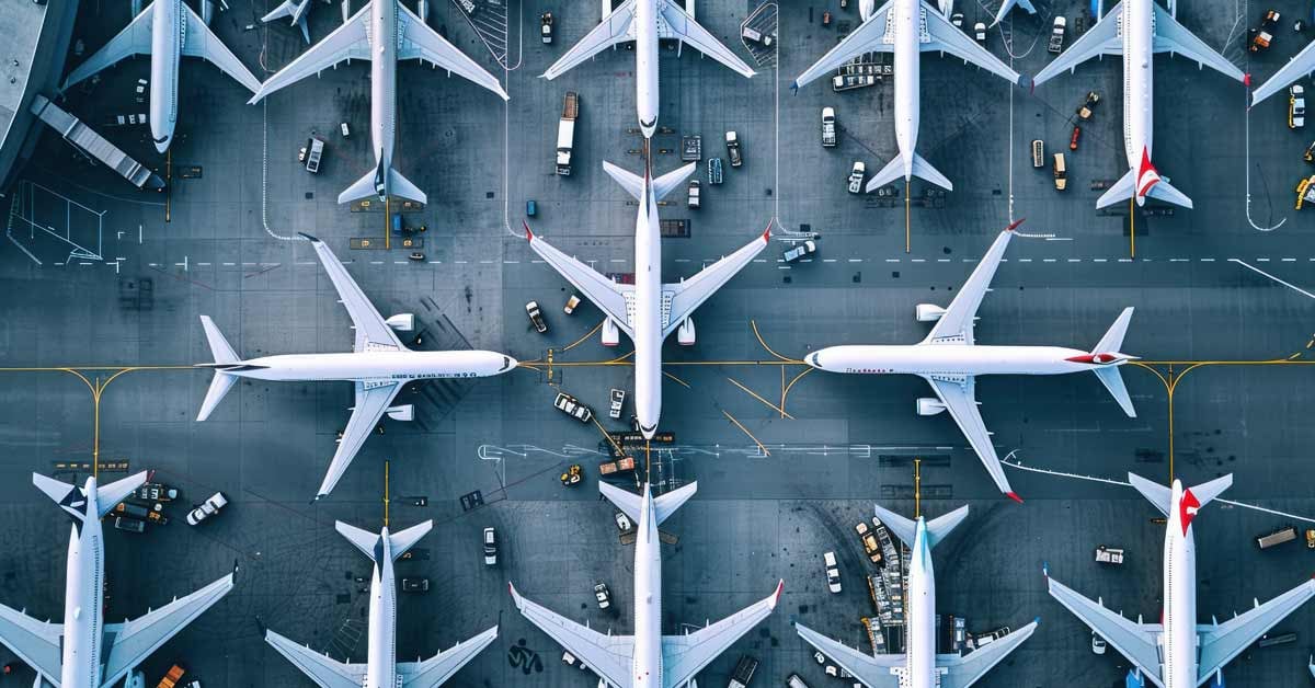Several airplanes parked together in a symmetrical pattern.