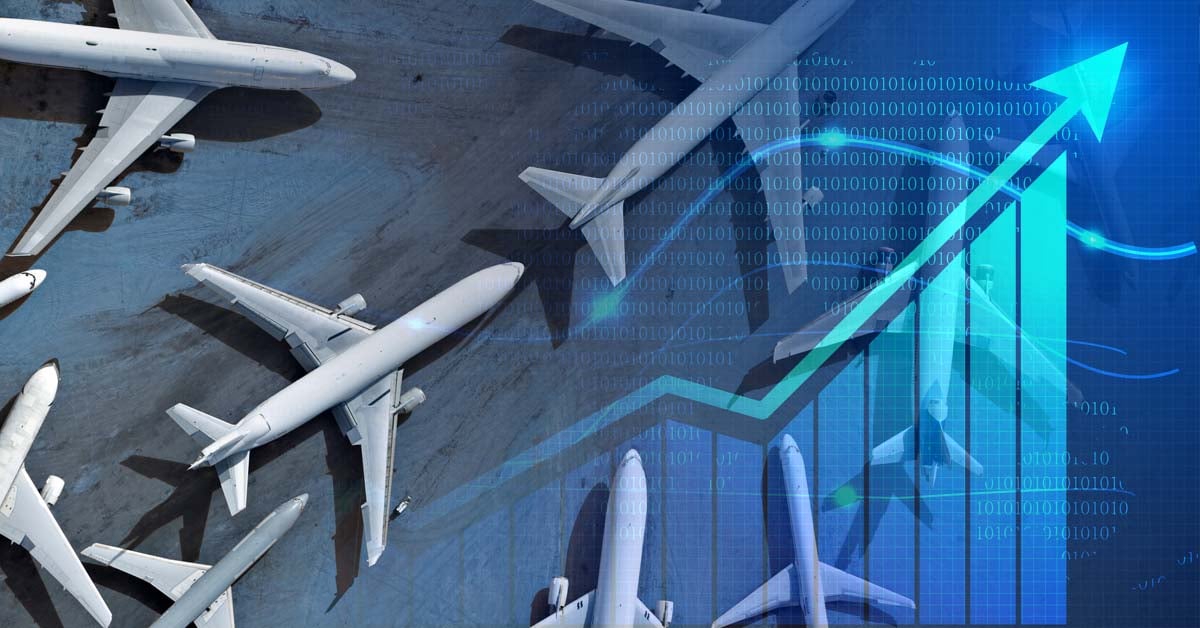 Blend of airplanes and a price trend line graph moving upward.