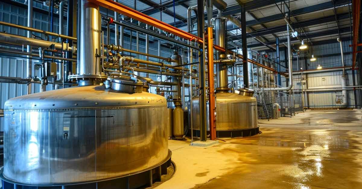 Interior of a biodiesel plant using used cooking oil to produce fuel.