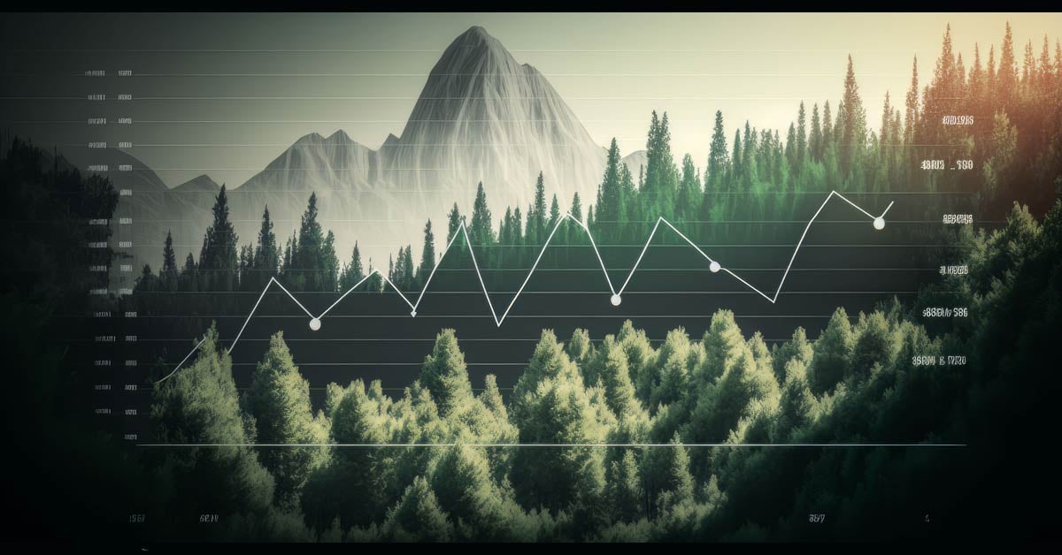 Graph and data tracking chart superimposed on Canadian wilderness with forests and mountains.