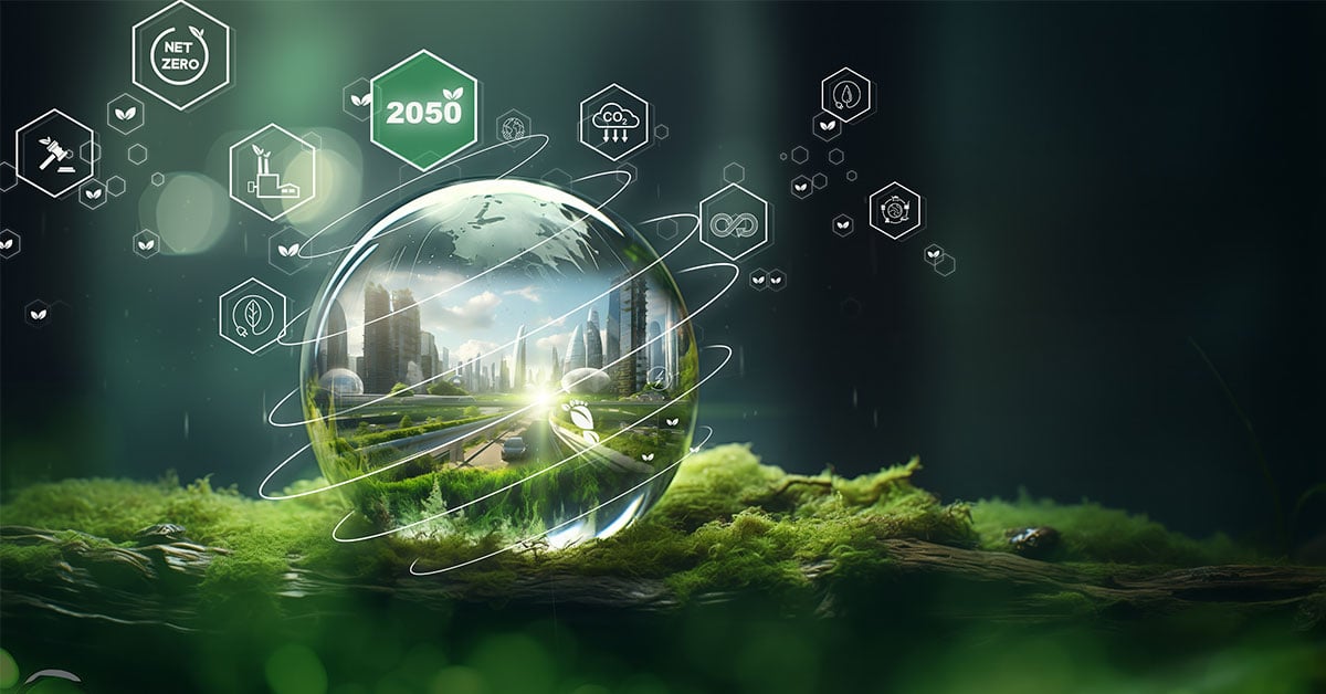 Digital art closeup of a glass ball on a mossy tree branch with net-zero carbon icons floating around