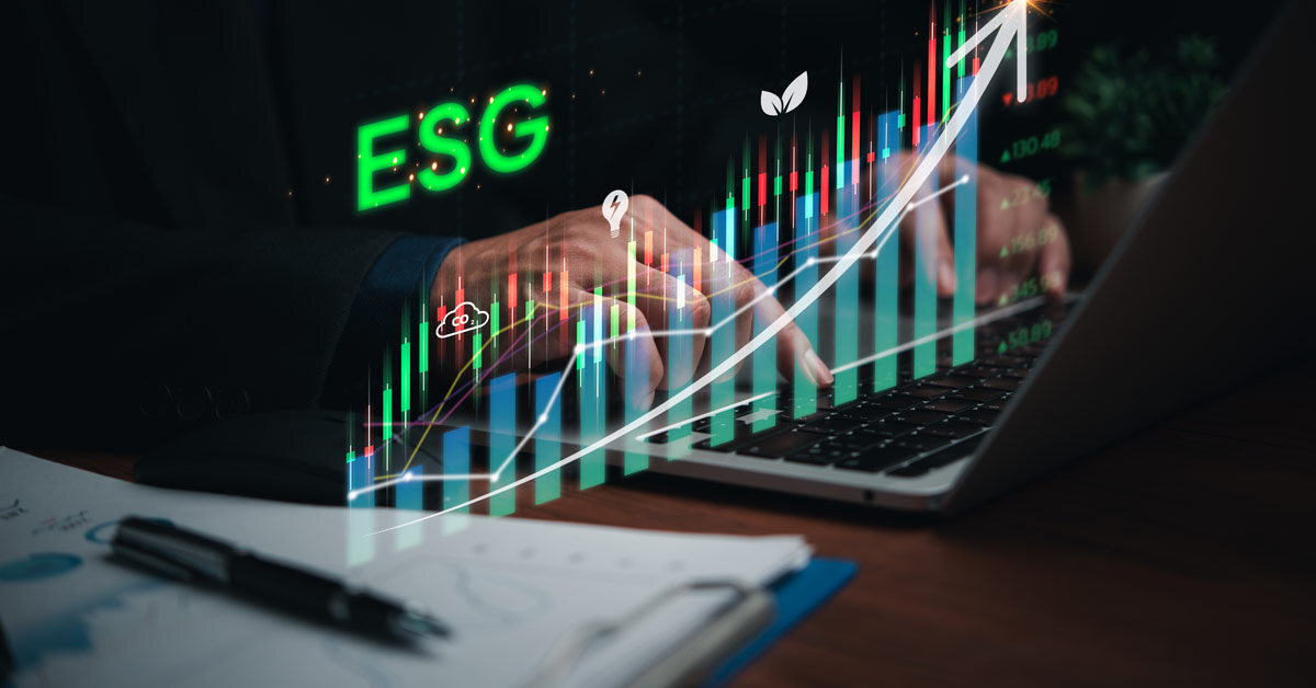 ESG reporting guidelines with images of a graph in front of a person using a computer.