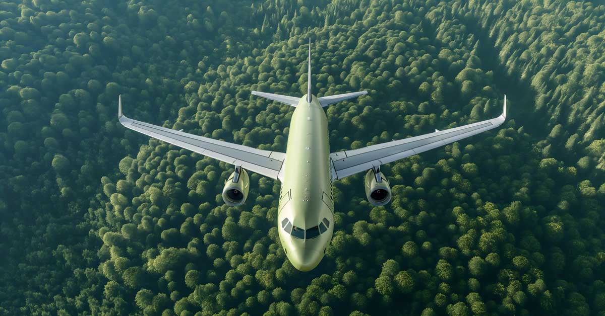 Plane fueled by SAF flying over a green forest.