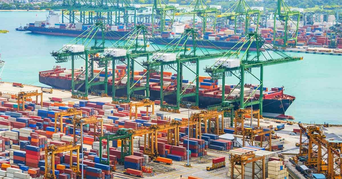 A Singapore bio-bunkering port with several colored shipping containers.