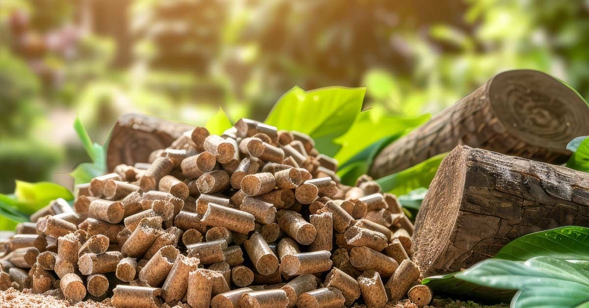 Wood pellets next to cut sawlogs in a forest as woody biomass feedstocks for biofuel.