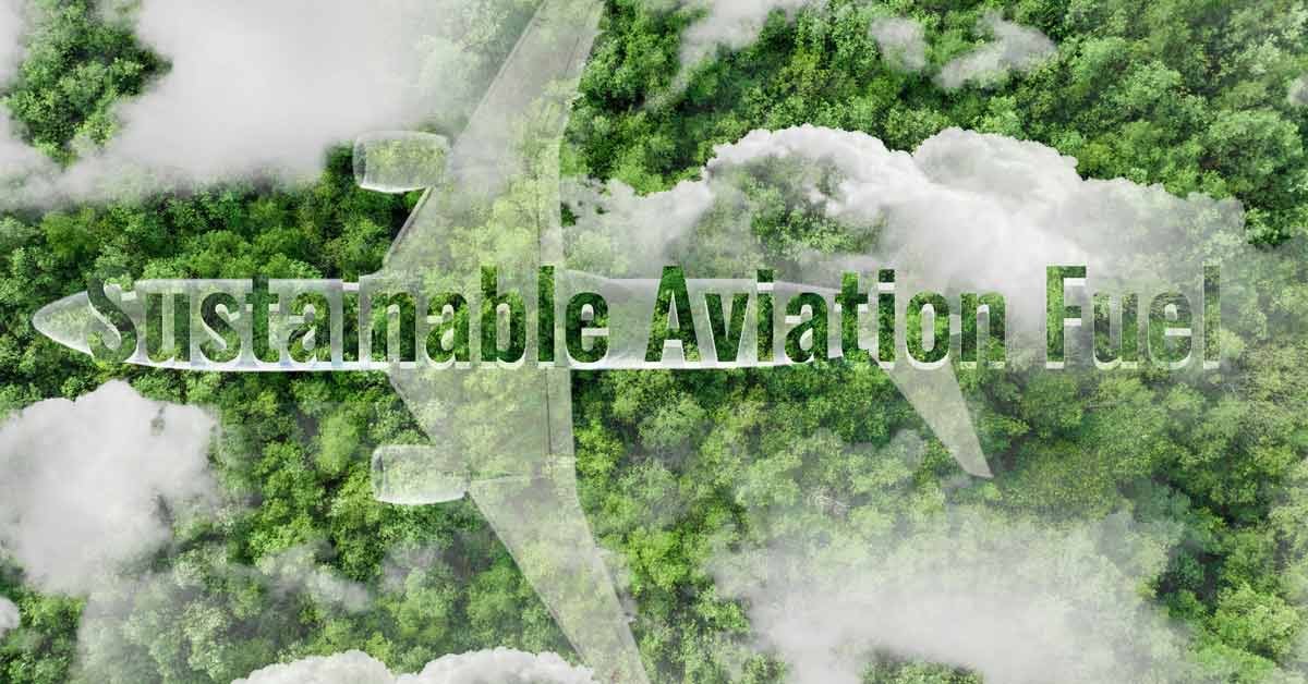 Silhouette of a plane over a forest that says sustainable aviation fuel. 