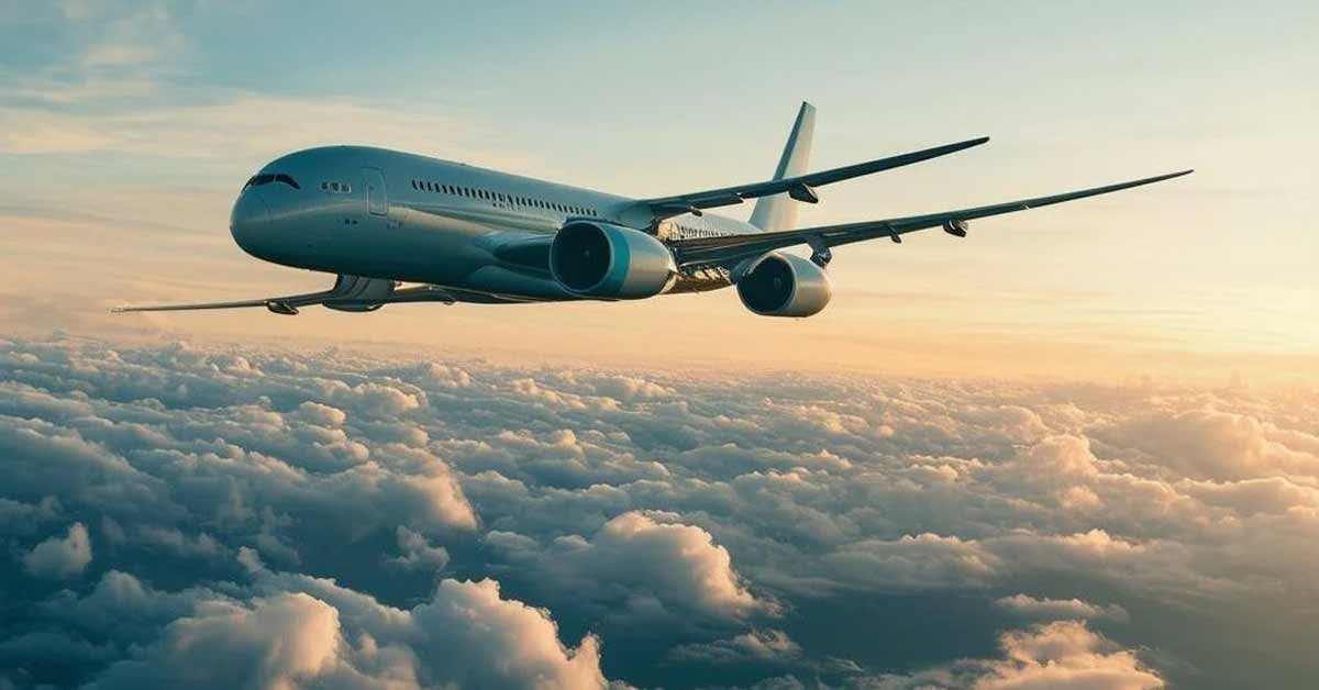 Plane in the sky that uses sustainable aviation fuel.