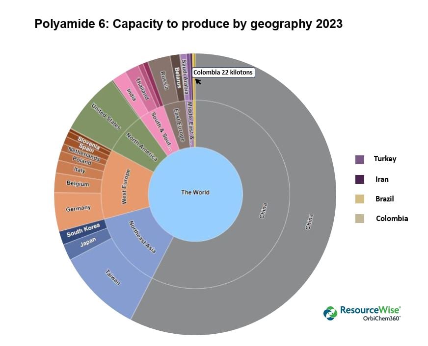 An infographic wheel showing polyamide 6 production capacity worldwide in2023 by region and country.