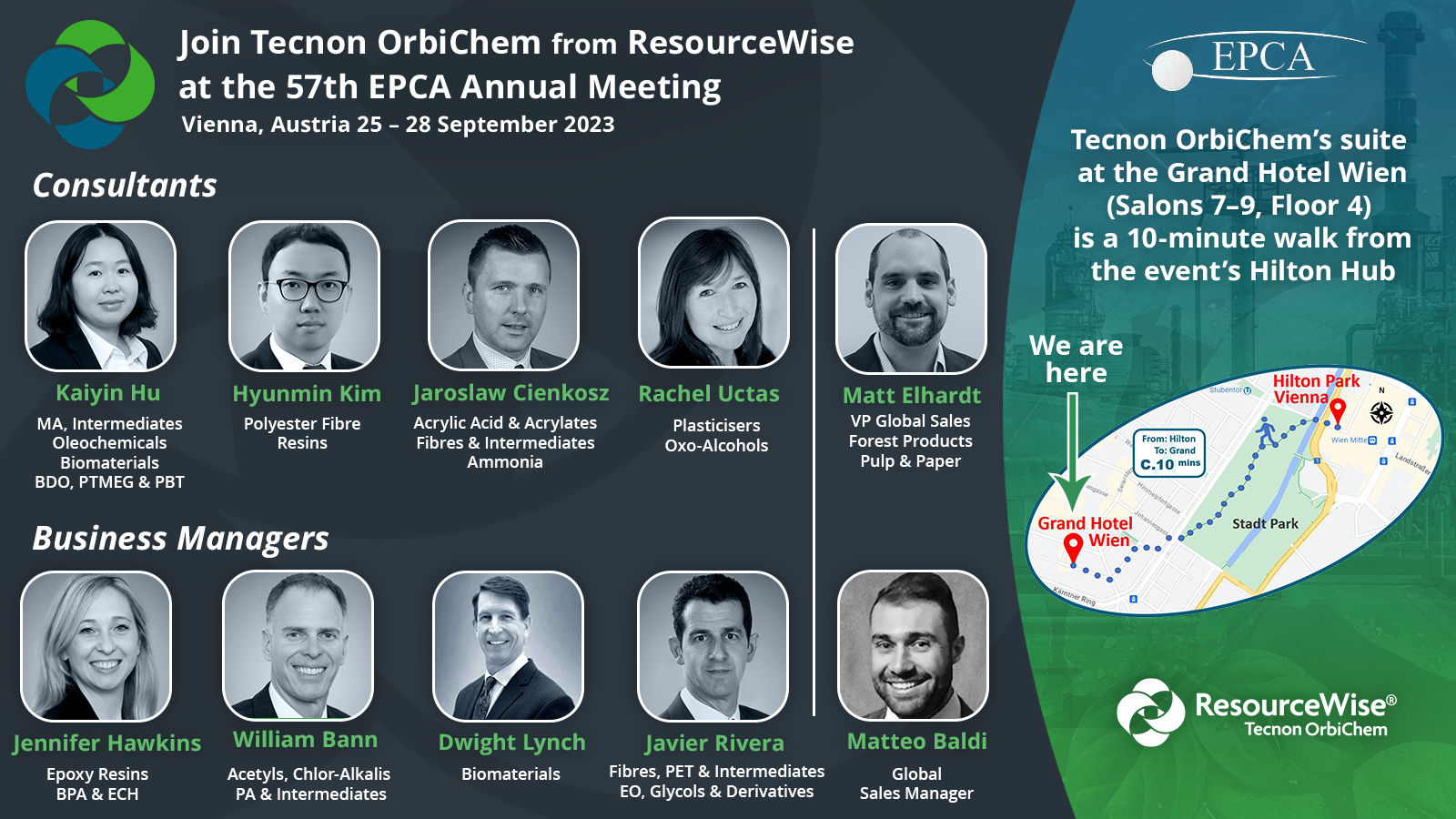 Headshots of the Tecnon OrbiChem team attending EPCA 2023 and a map of the location of our suite at the Grand Hotel Wien in Vienna.